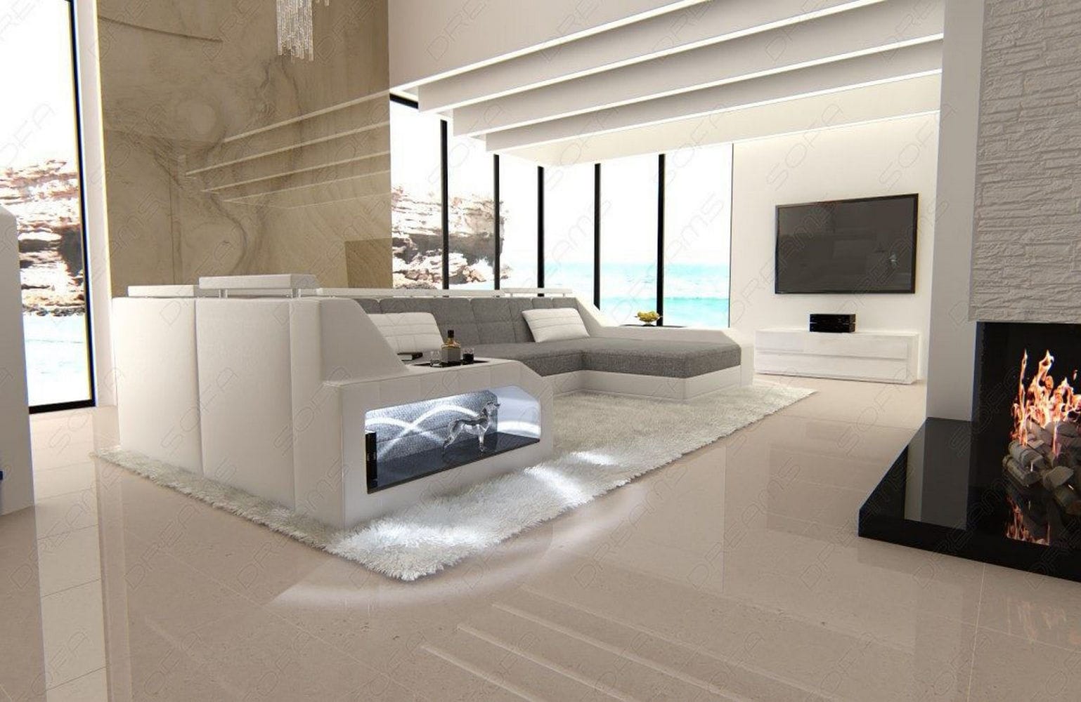 Polster-Wohnlandschaft Arezzo U-Form mit LED Grau-Weiß