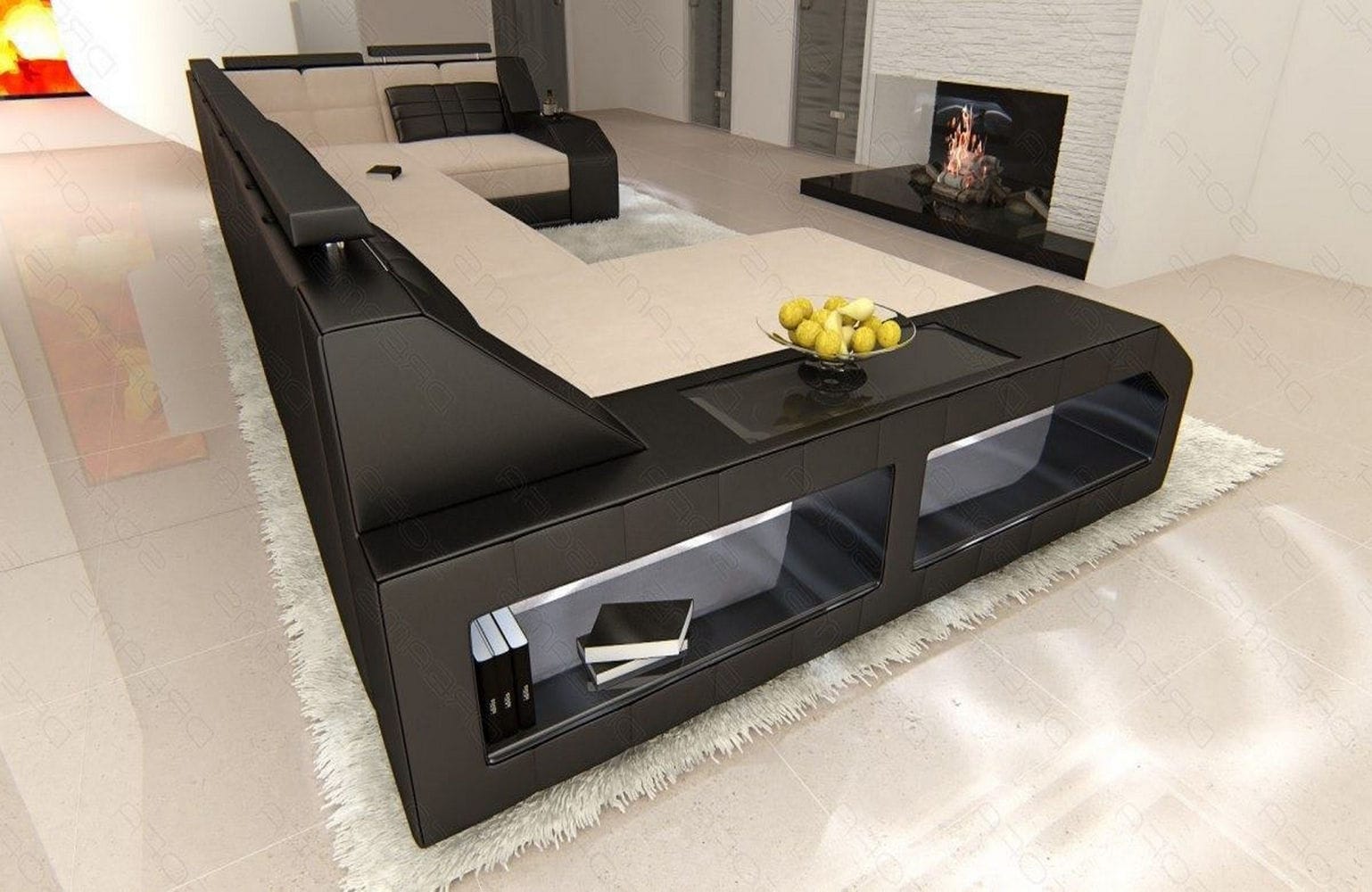 Polster-Wohnlandschaft Arezzo U-Form mit LED Elfenbein-Schwarz