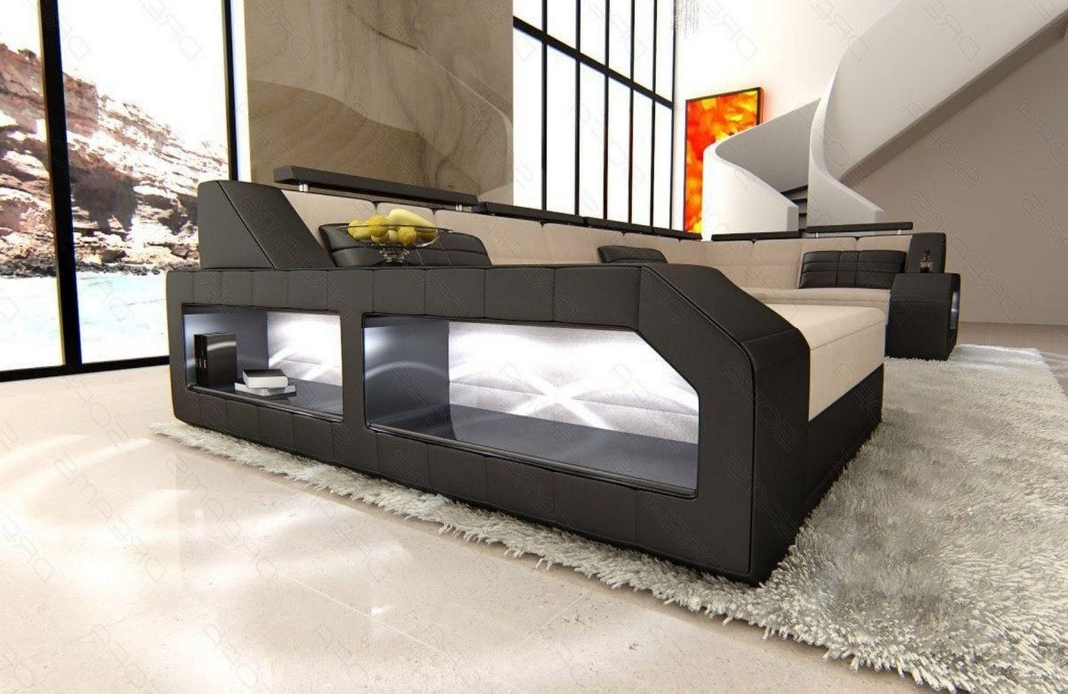 Polster-Wohnlandschaft Arezzo U-Form mit LED Elfenbein-Schwarz