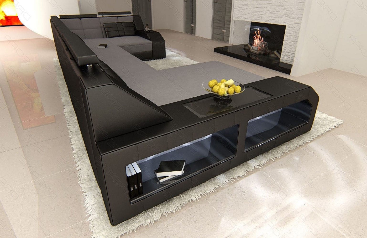 Polster-Wohnlandschaft Arezzo U-Form mit LED Hellgrau-Schwarz