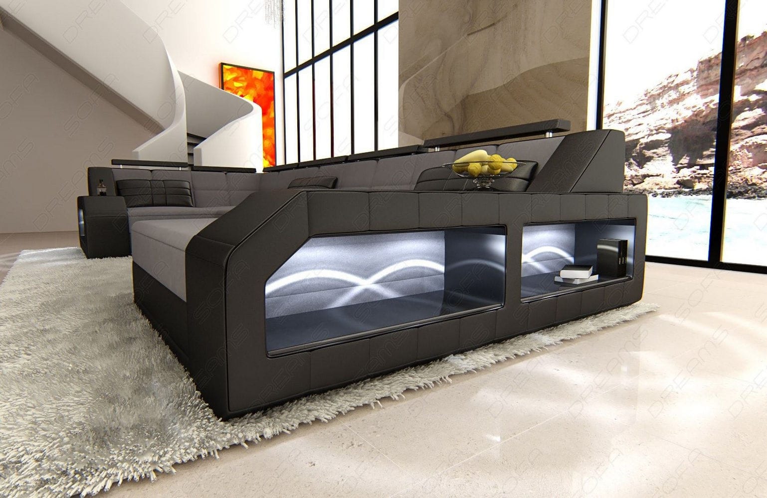 Polster-Wohnlandschaft Arezzo U-Form mit LED Hellgrau-Schwarz
