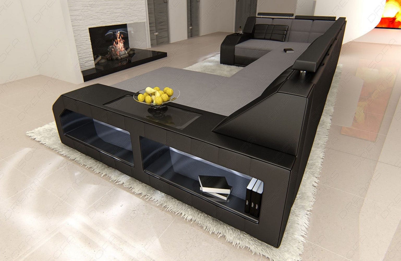 Polster-Wohnlandschaft Arezzo U-Form mit LED Hellgrau-Schwarz