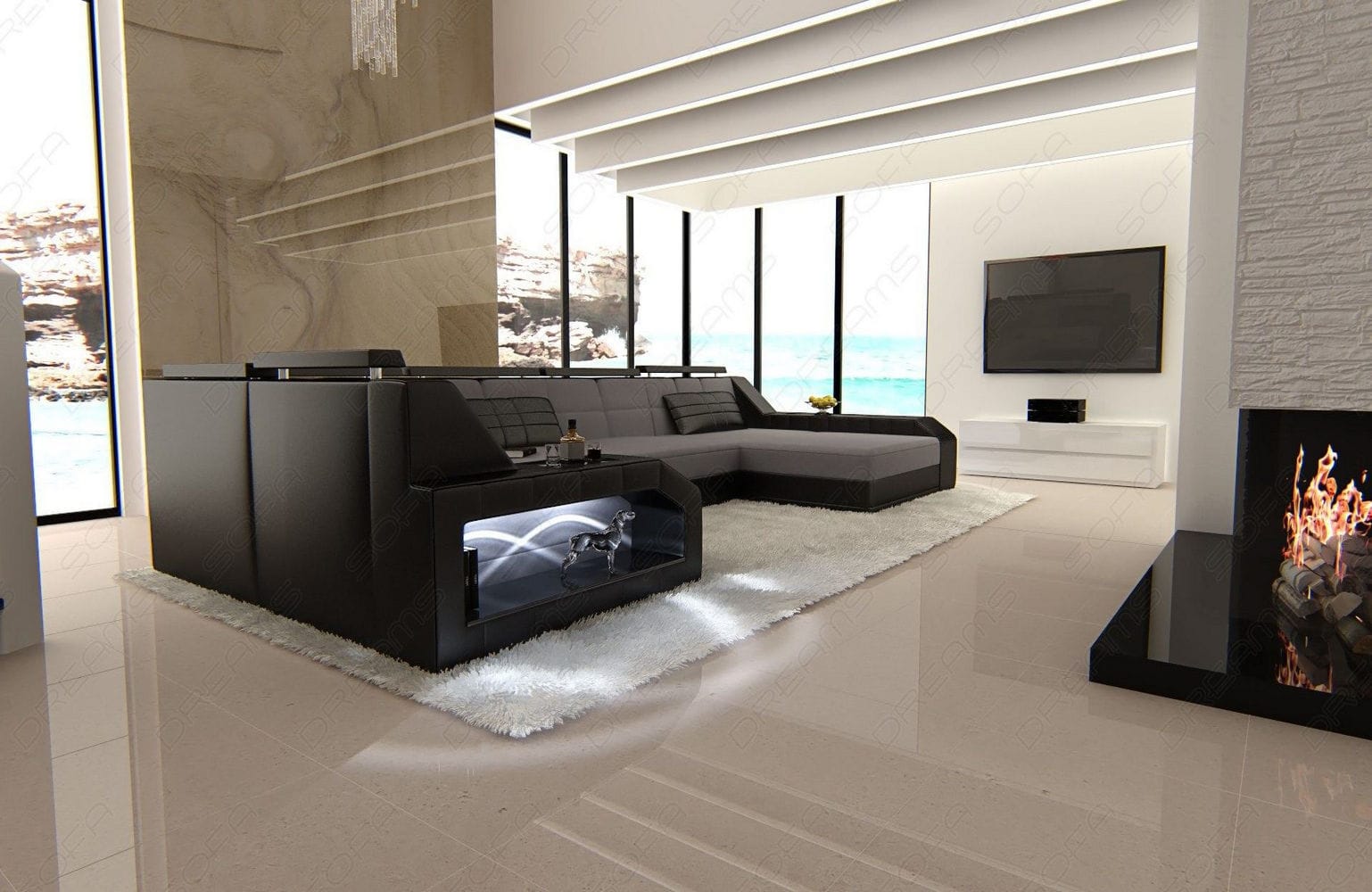 Polster-Wohnlandschaft Arezzo U-Form mit LED Hellgrau-Schwarz