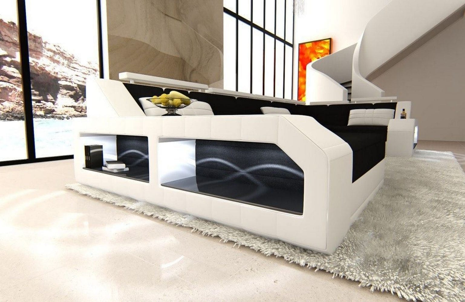 Polster-Wohnlandschaft Arezzo U-Form mit LED Schwarz-Weiß