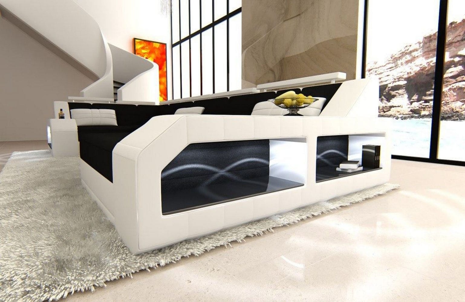 Polster-Wohnlandschaft Arezzo U-Form mit LED Schwarz-Weiß