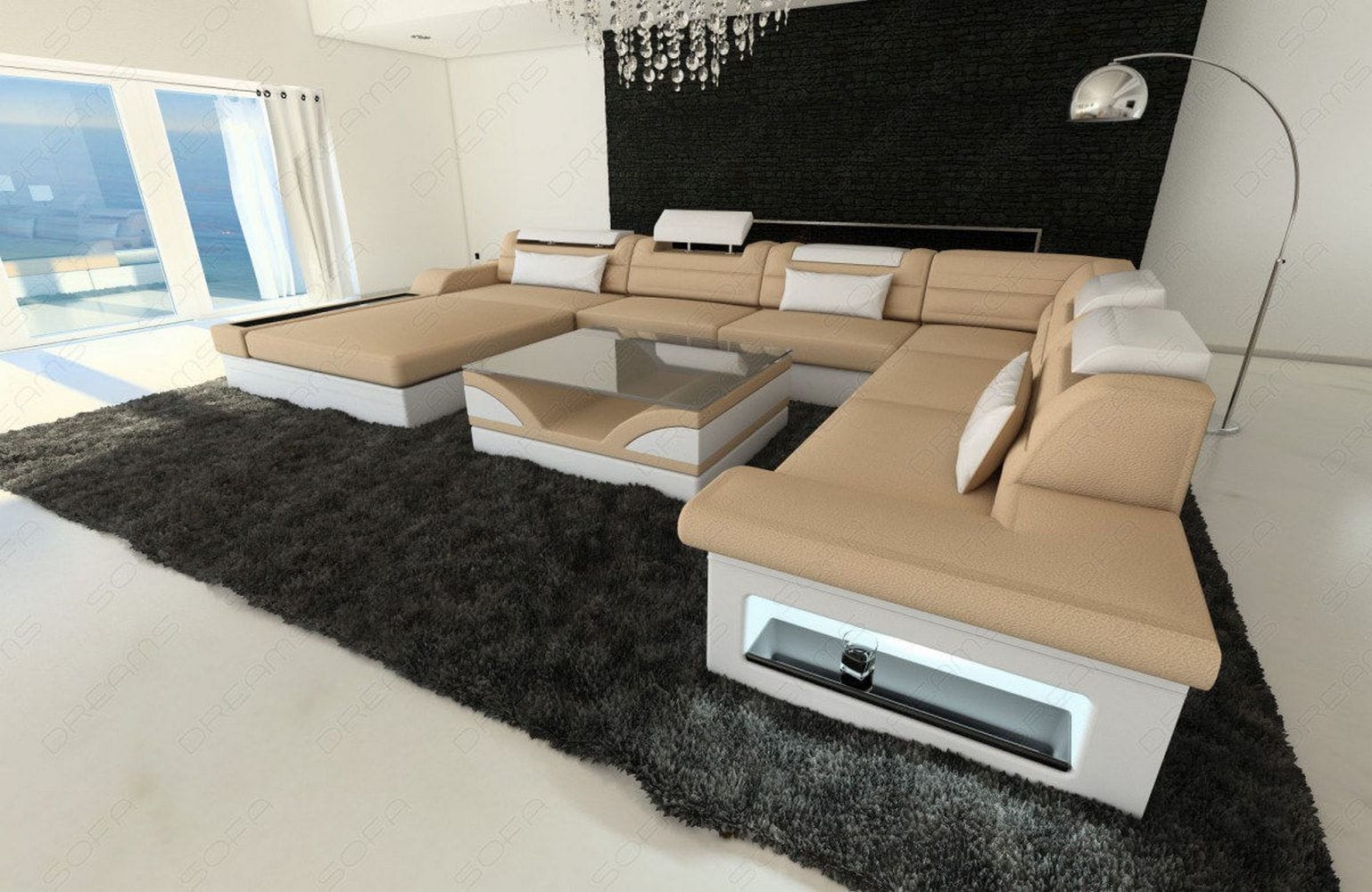 Wohnlandschaft Mezzo XXL U-Form in Stoff Beige-Weiß