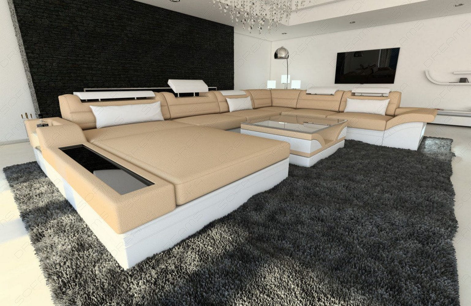 Wohnlandschaft Mezzo XXL U-Form in Stoff Beige-Weiß