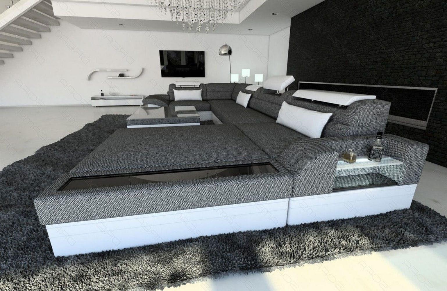 Wohnlandschaft Mezzo U-Form aus Stoff Schwarzgrau-Weiß