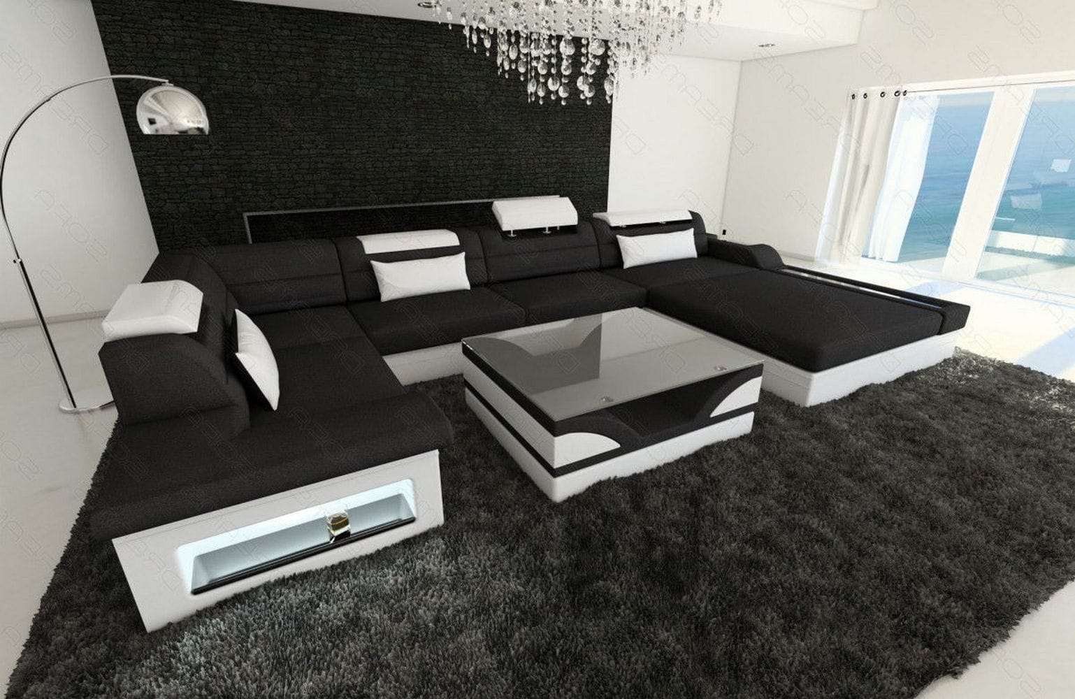 Wohnlandschaft Mezzo U-Form aus Stoff Schwarz-Weiß
