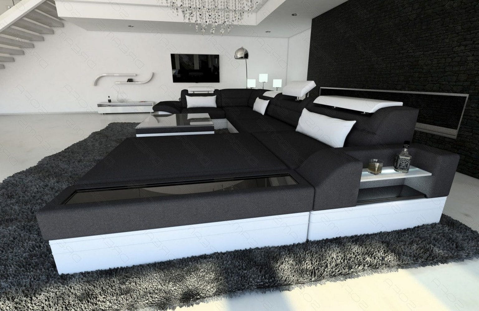 Wohnlandschaft Mezzo U-Form aus Stoff Schwarz-Weiß