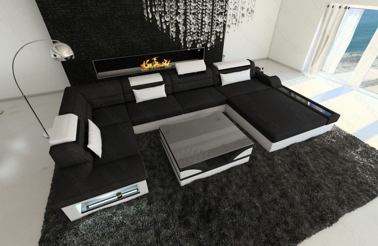 Wohnlandschaft Mezzo U-Form aus Stoff Schwarz-Weiß