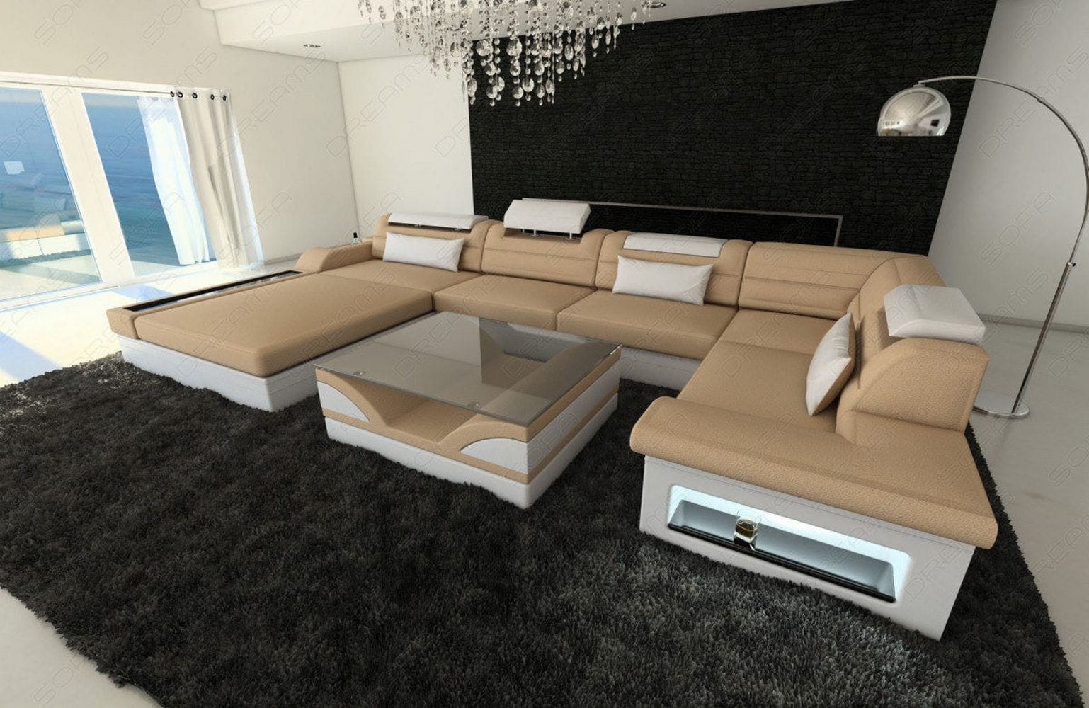 Wohnlandschaft Mezzo U-Form aus Stoff Beige-Weiß
