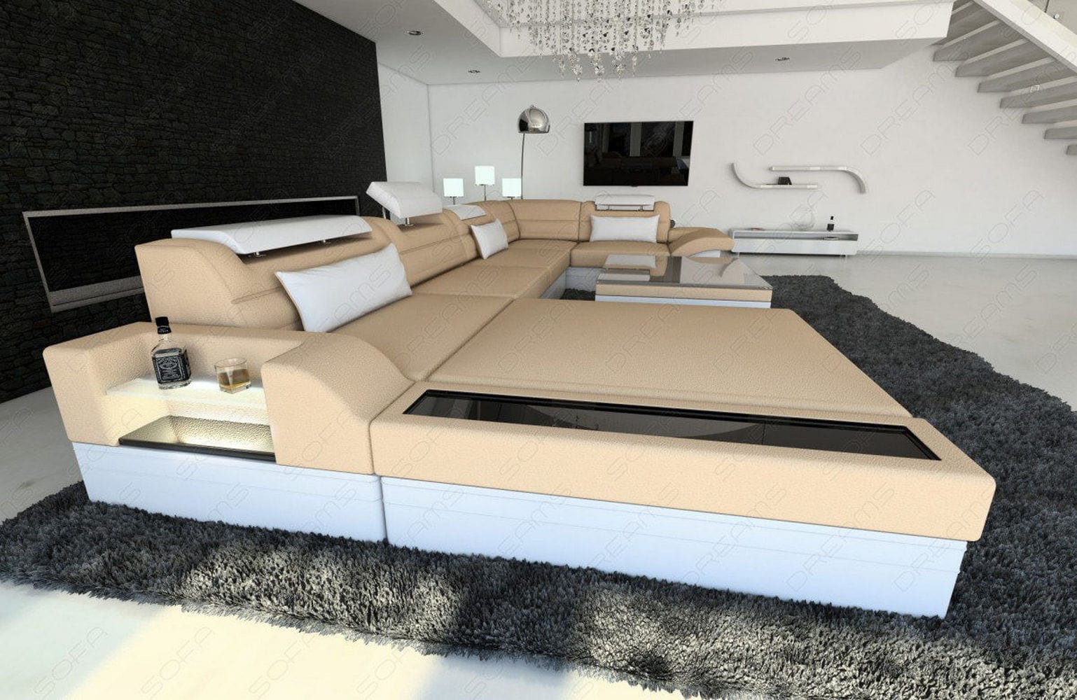 Wohnlandschaft Mezzo U-Form aus Stoff Beige-Weiß