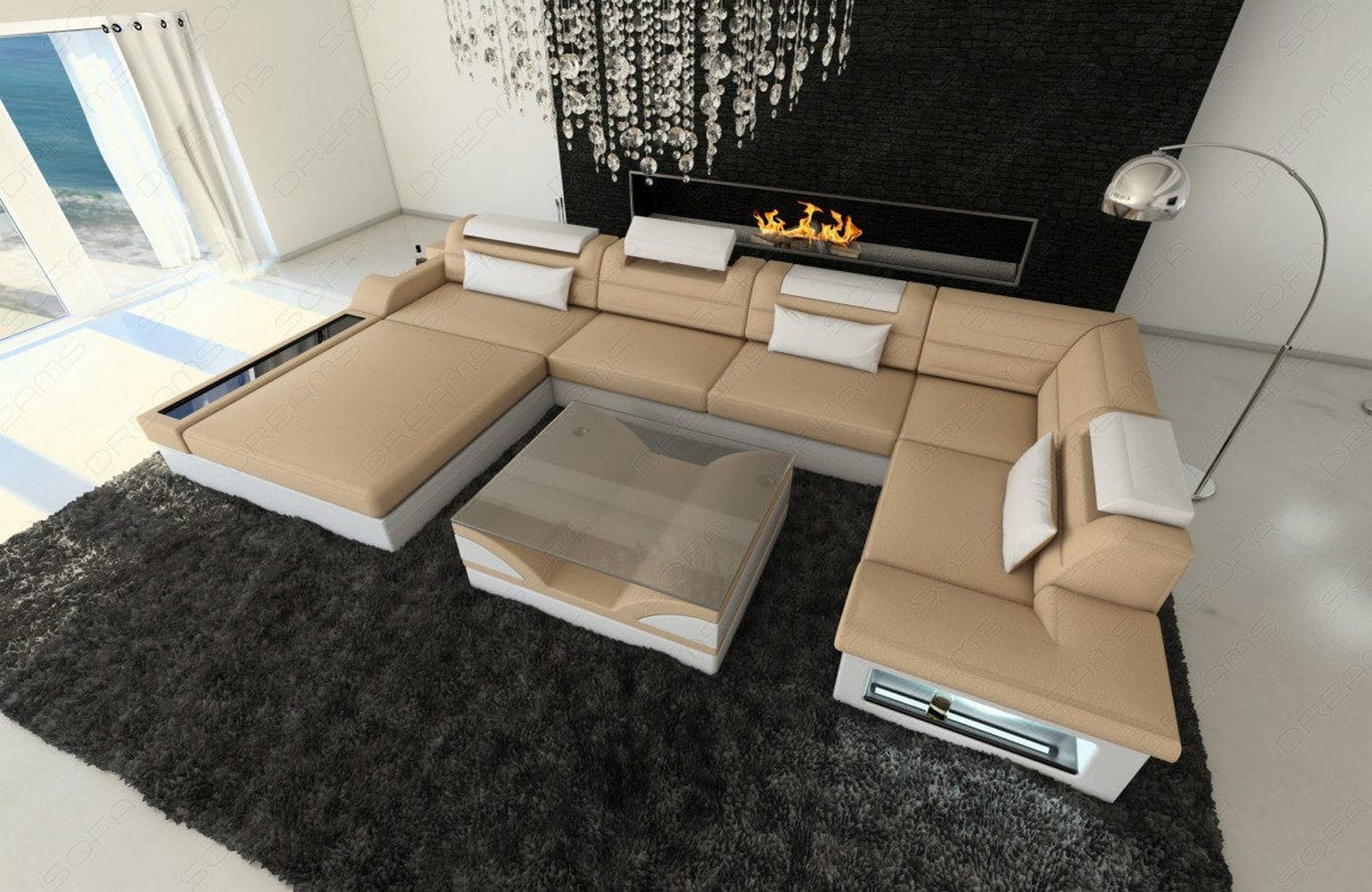 Wohnlandschaft Mezzo U-Form aus Stoff Beige-Weiß