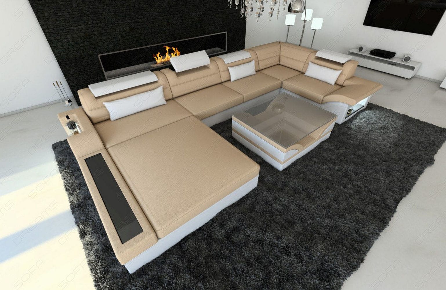 Wohnlandschaft Mezzo U-Form aus Stoff Beige-Weiß