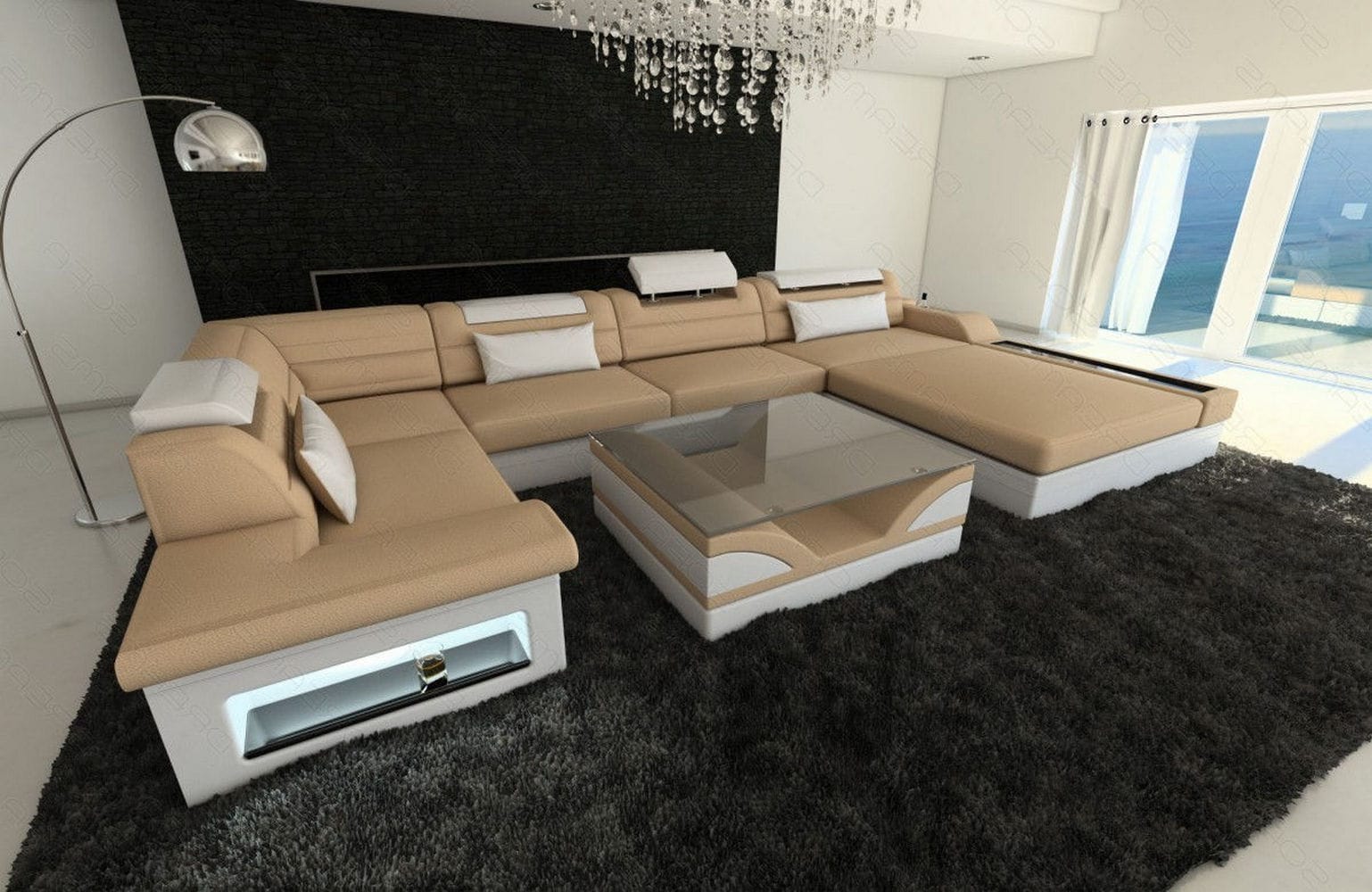 Wohnlandschaft Mezzo U-Form aus Stoff Beige-Weiß