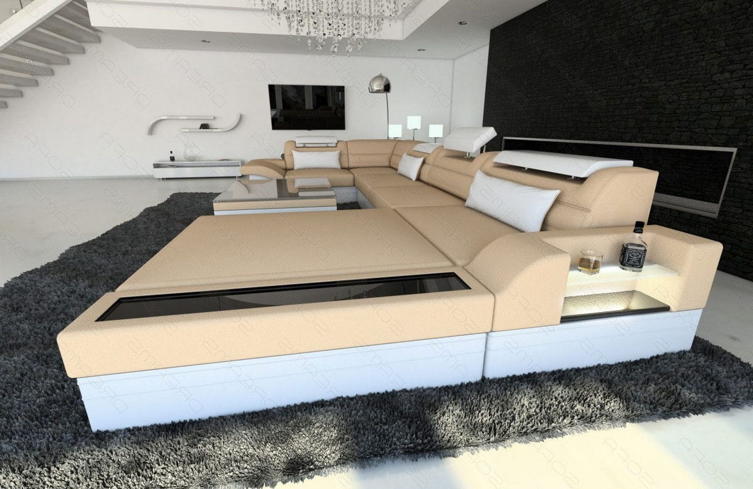 Wohnlandschaft Mezzo U-Form aus Stoff Beige-Weiß