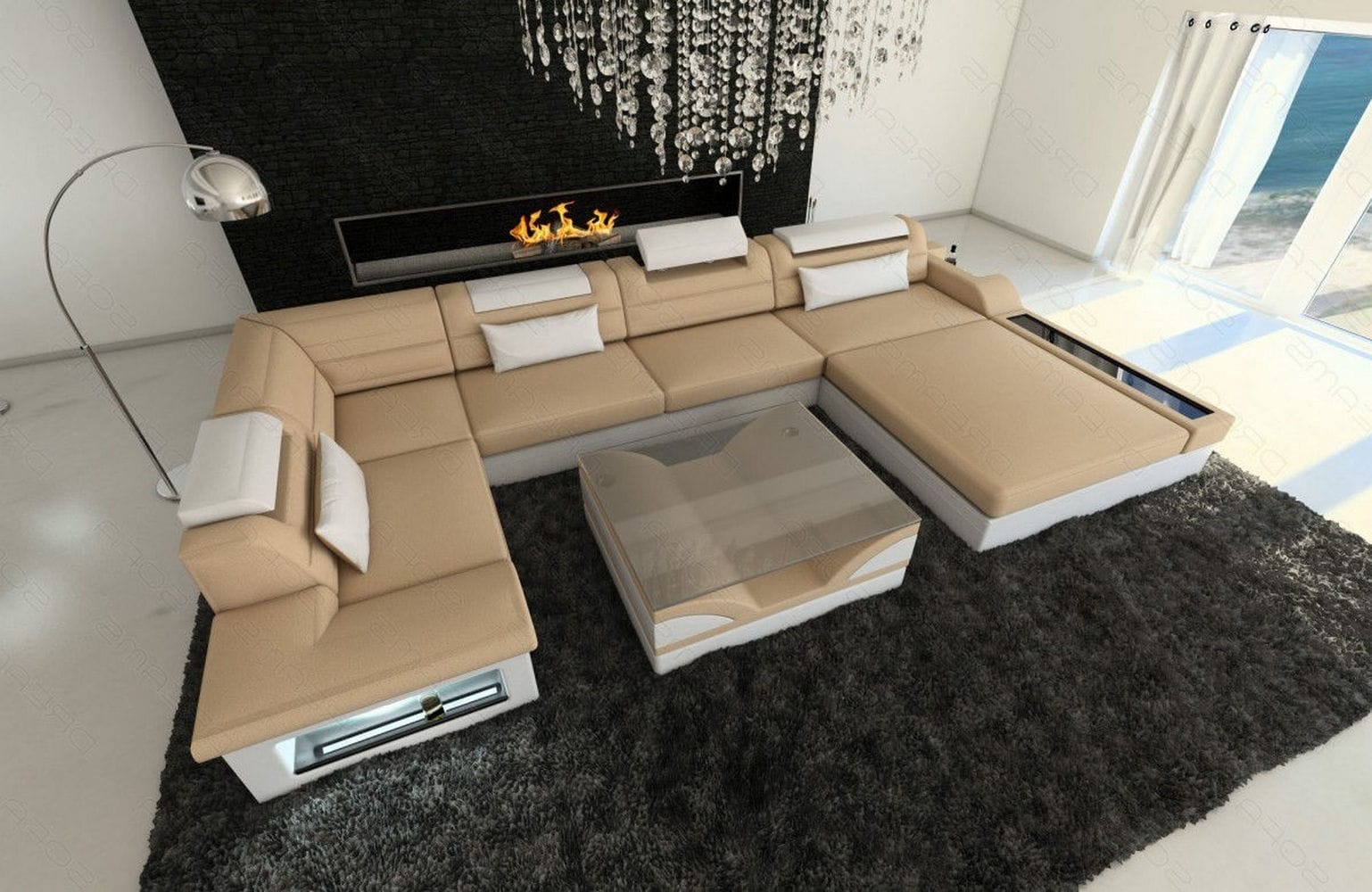 Wohnlandschaft Mezzo U-Form aus Stoff Beige-Weiß