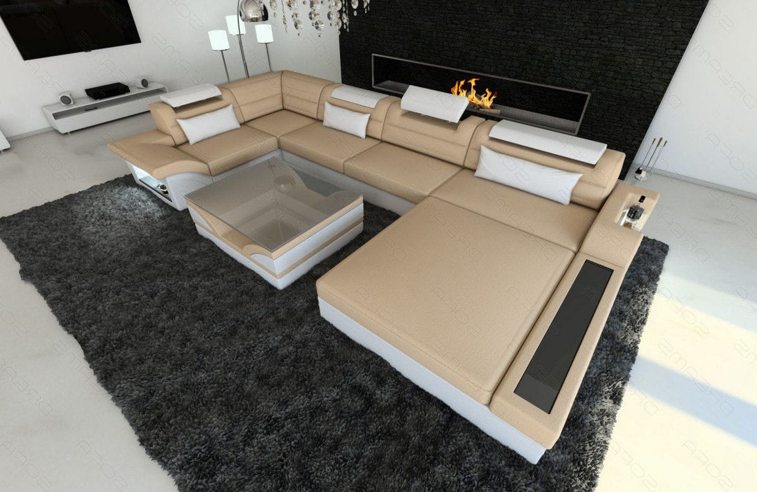 Wohnlandschaft Mezzo U-Form aus Stoff Beige-Weiß