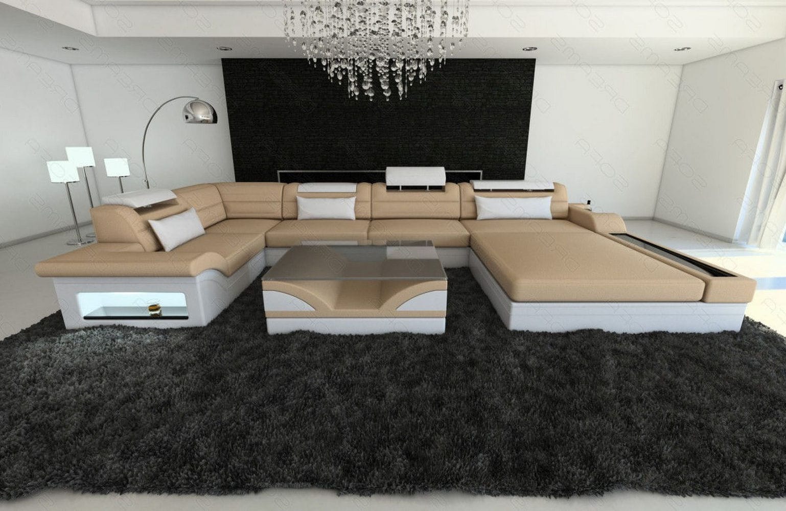 Wohnlandschaft Mezzo U-Form aus Stoff Beige-Weiß