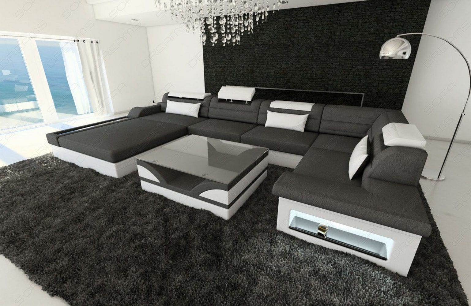 Wohnlandschaft Mezzo U-Form aus Stoff Dunkelgrau-Weiß
