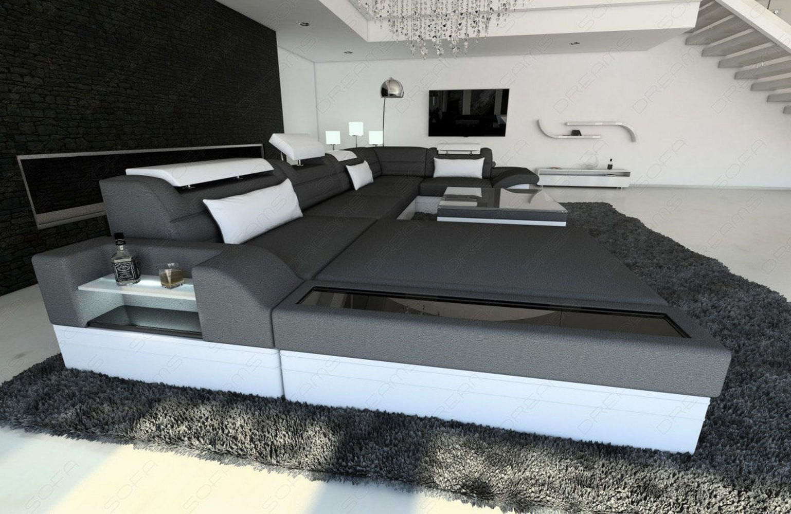 Wohnlandschaft Mezzo U-Form aus Stoff Dunkelgrau-Weiß