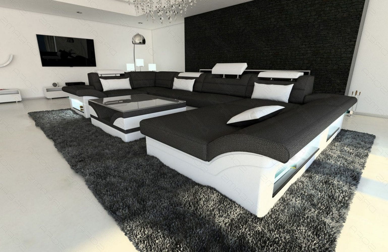 Wohnlandschaft Enzo U-Form in Stoff schwarz-weiß