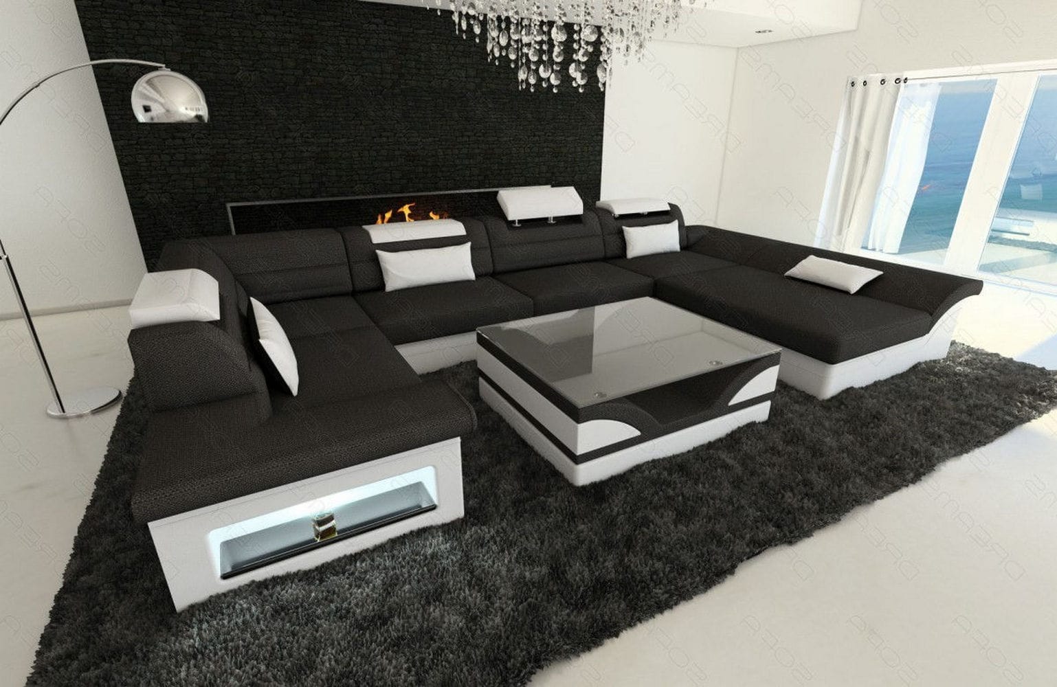 Wohnlandschaft Enzo U-Form in Stoff schwarz-weiß