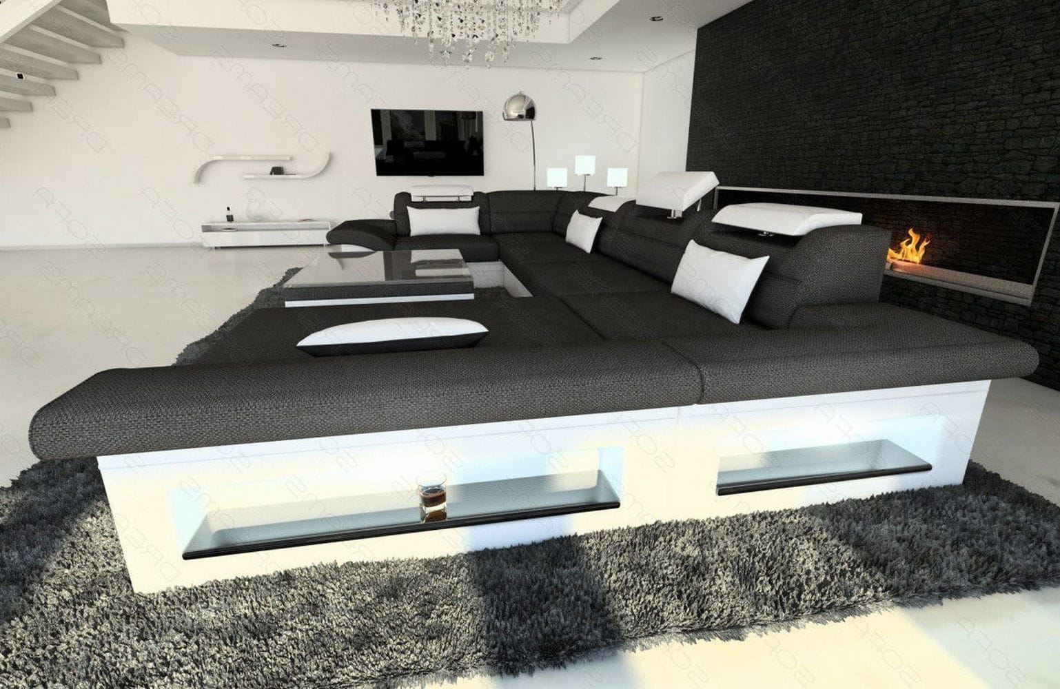 Wohnlandschaft Enzo U-Form in Stoff schwarz-weiß