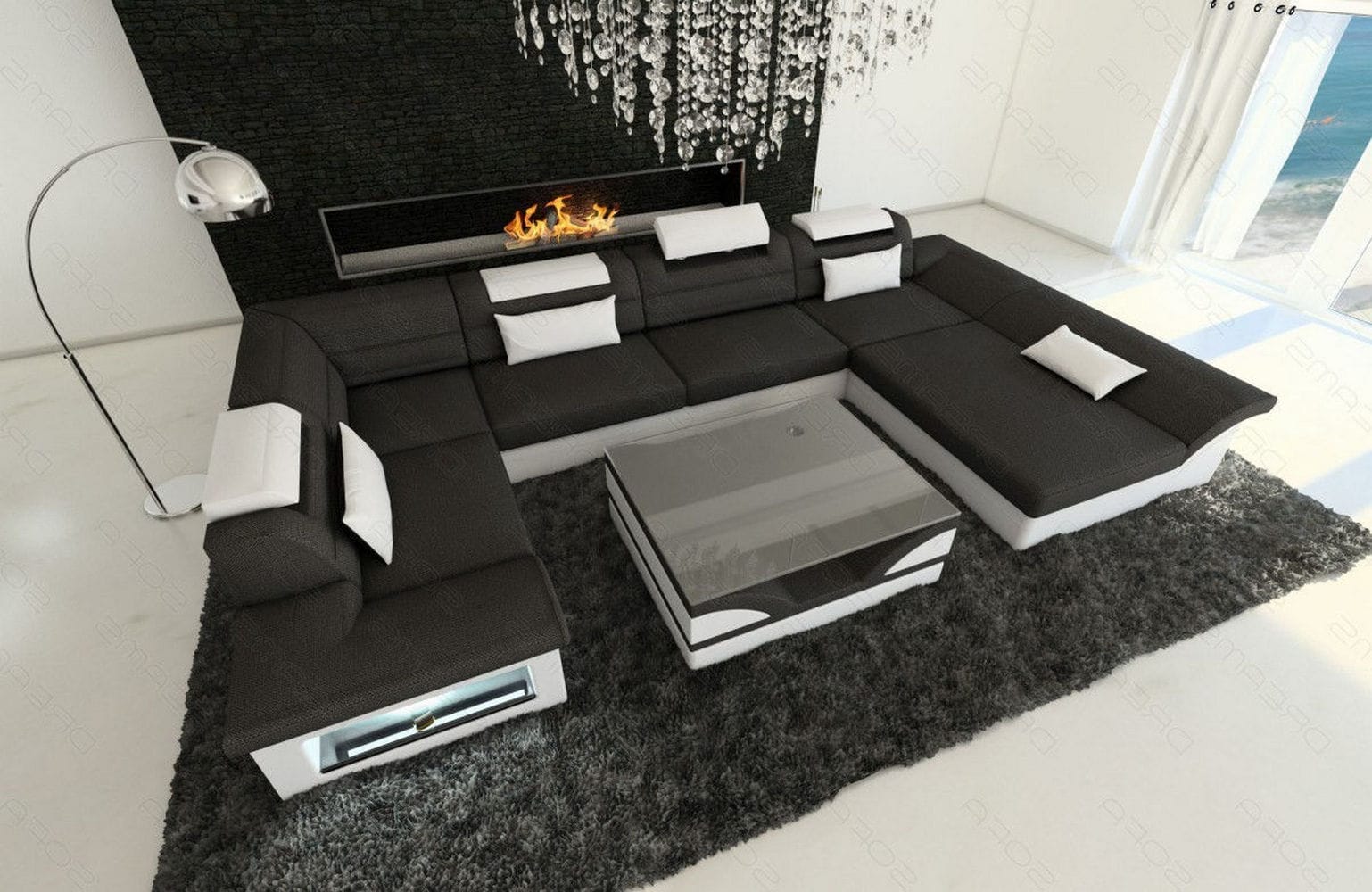 Wohnlandschaft Enzo U-Form in Stoff schwarz-weiß