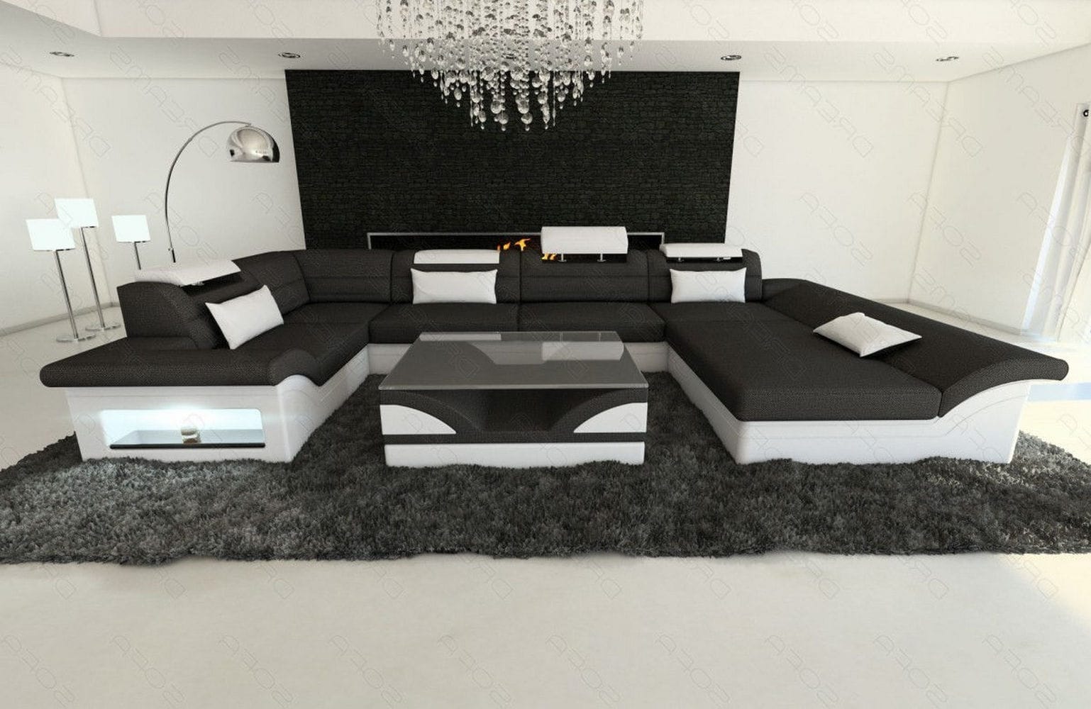 Wohnlandschaft Enzo U-Form in Stoff schwarz-weiß