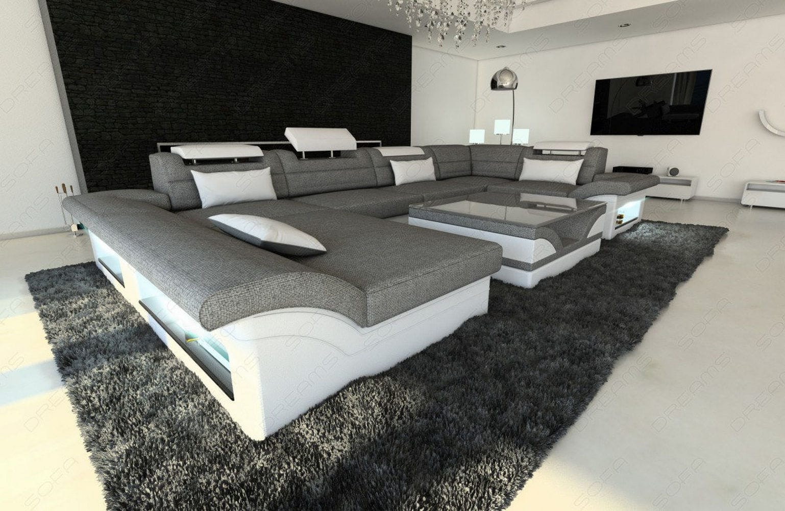 Wohnlandschaft Enzo U-Form in Stoff Grau-Weiß