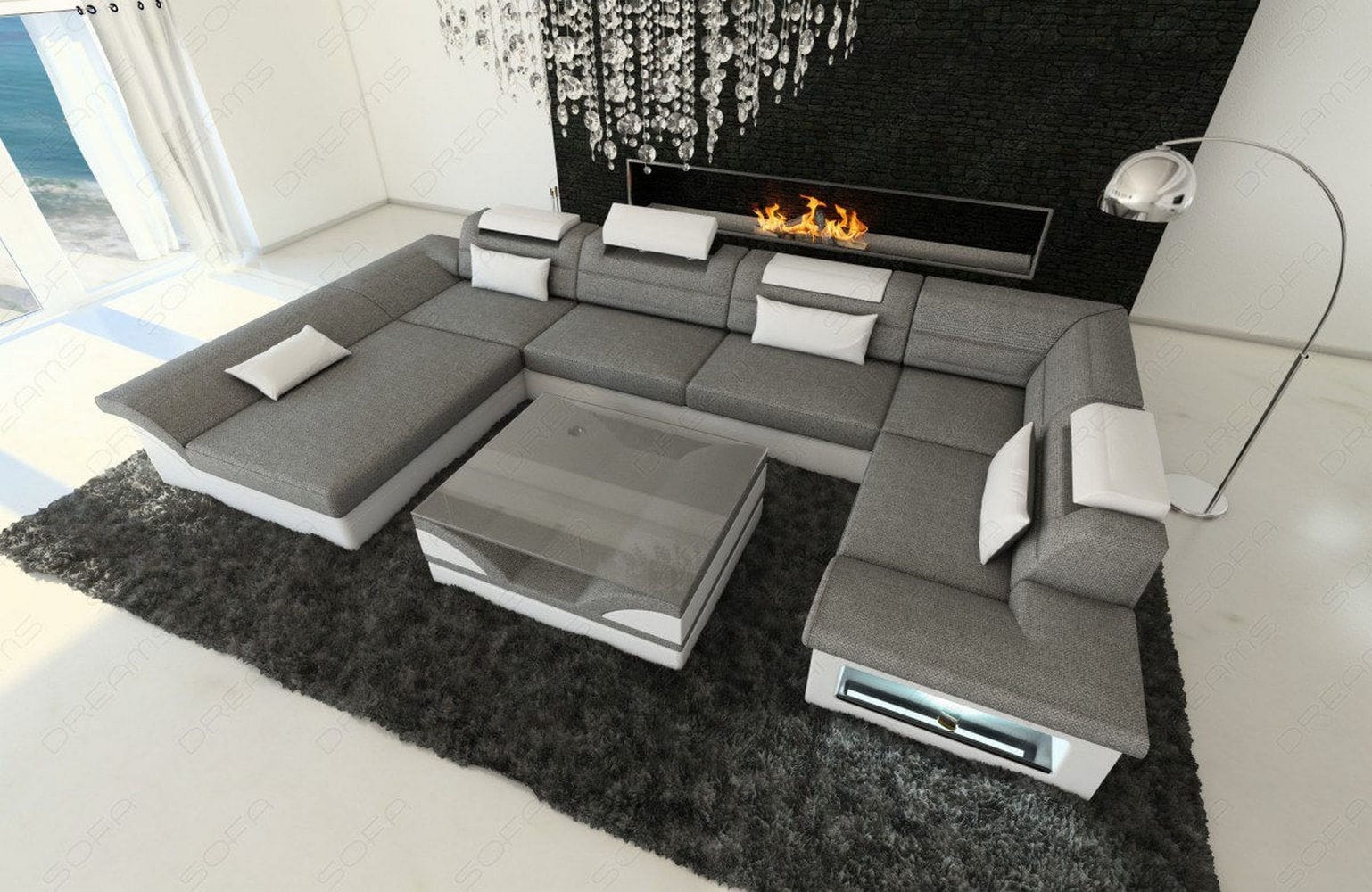 Wohnlandschaft Enzo U-Form in Stoff Grau-Weiß