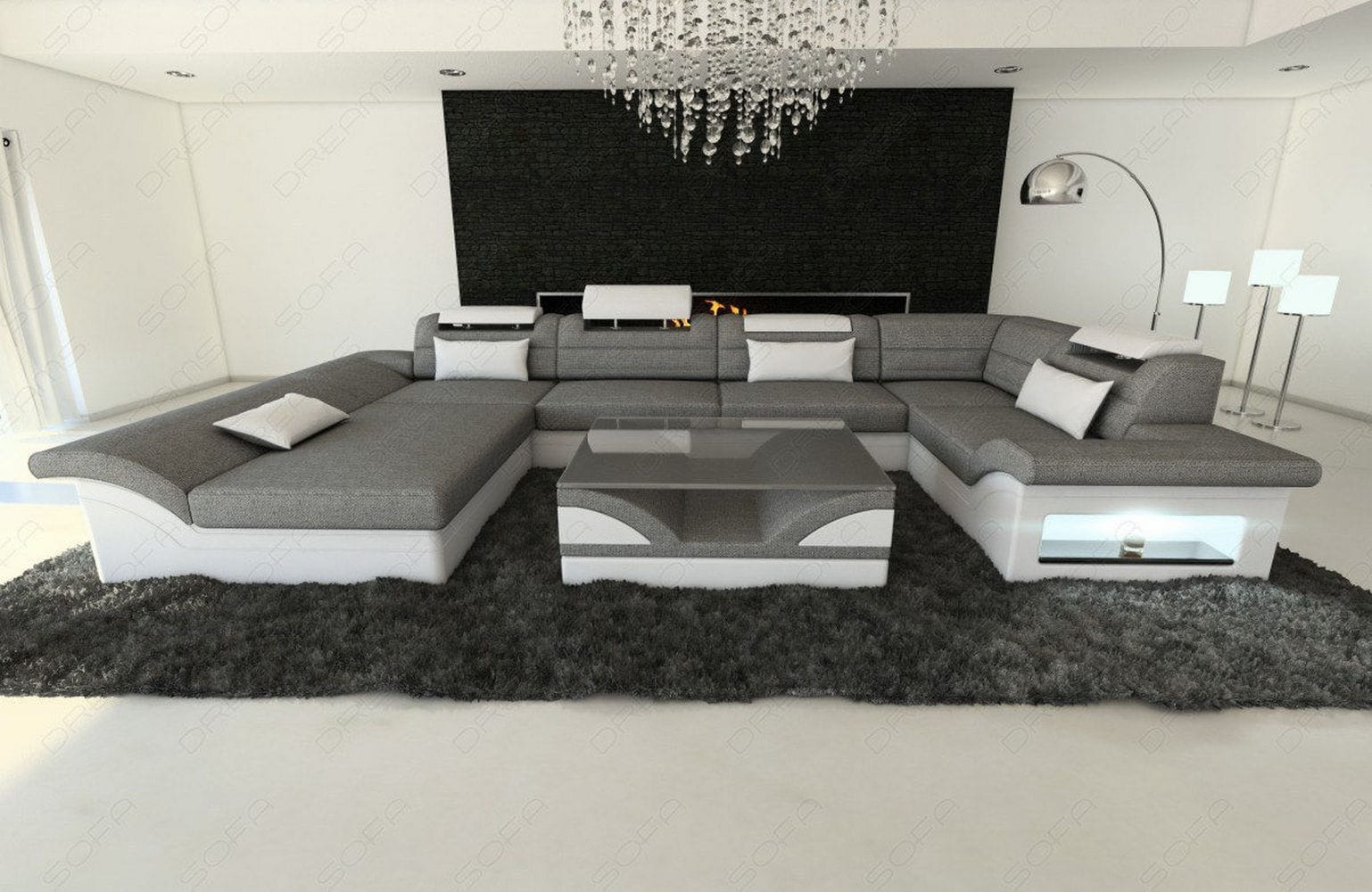 Wohnlandschaft Enzo U-Form in Stoff Grau-Weiß