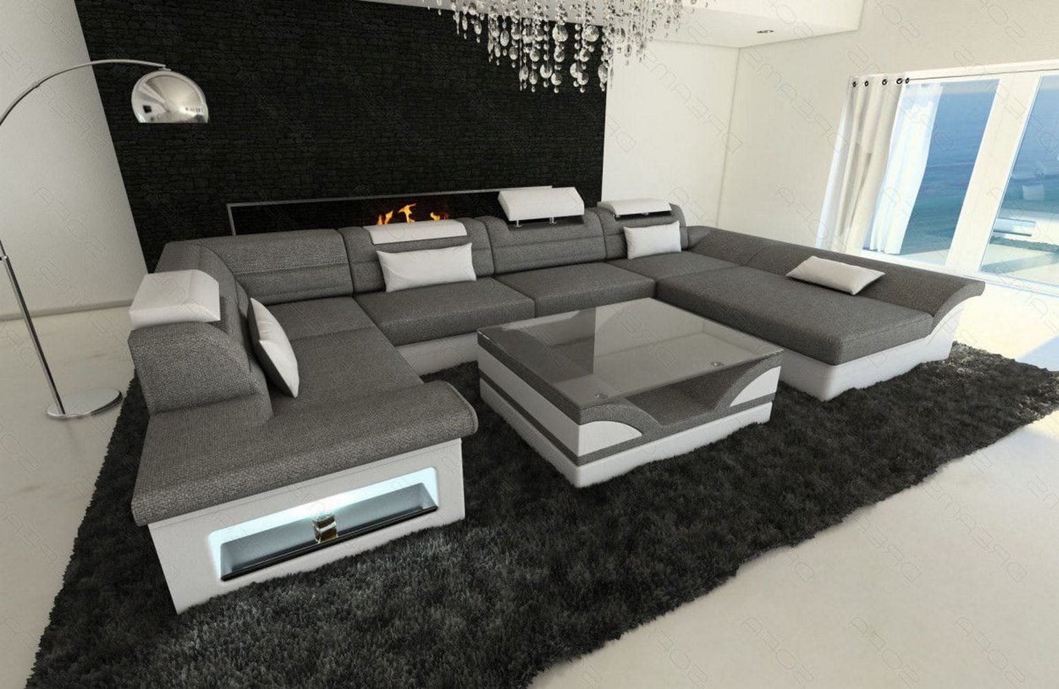 Wohnlandschaft Enzo U-Form in Stoff Grau-Weiß