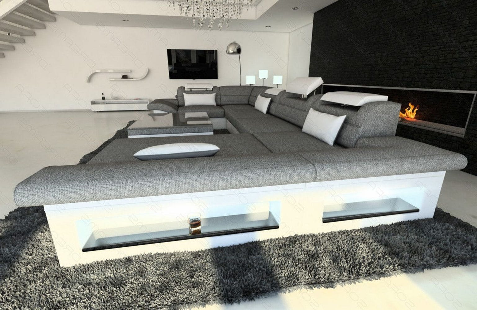 Wohnlandschaft Enzo U-Form in Stoff Grau-Weiß
