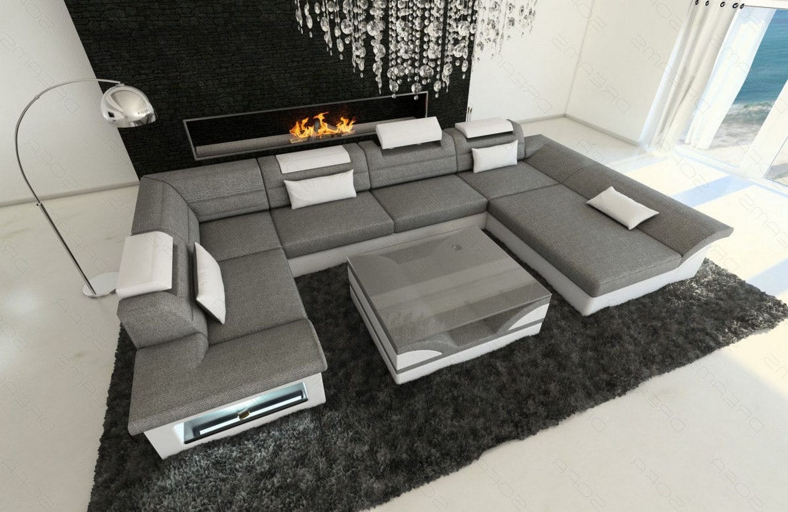 Wohnlandschaft Enzo U-Form in Stoff Grau-Weiß