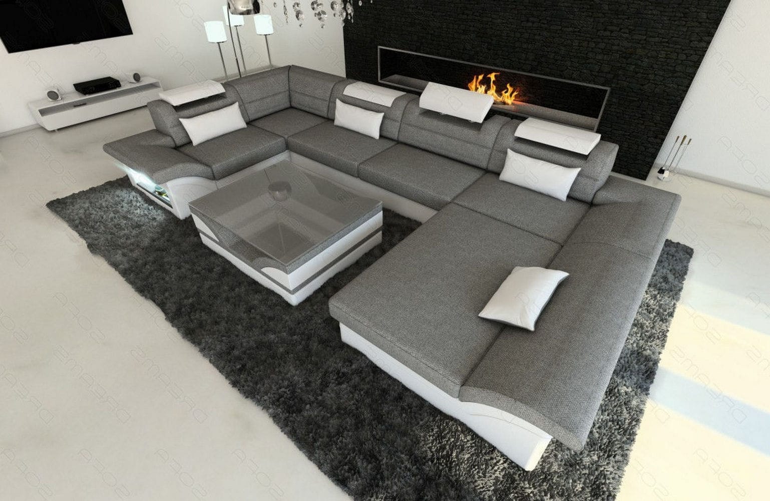 Wohnlandschaft Enzo U-Form in Stoff Grau-Weiß