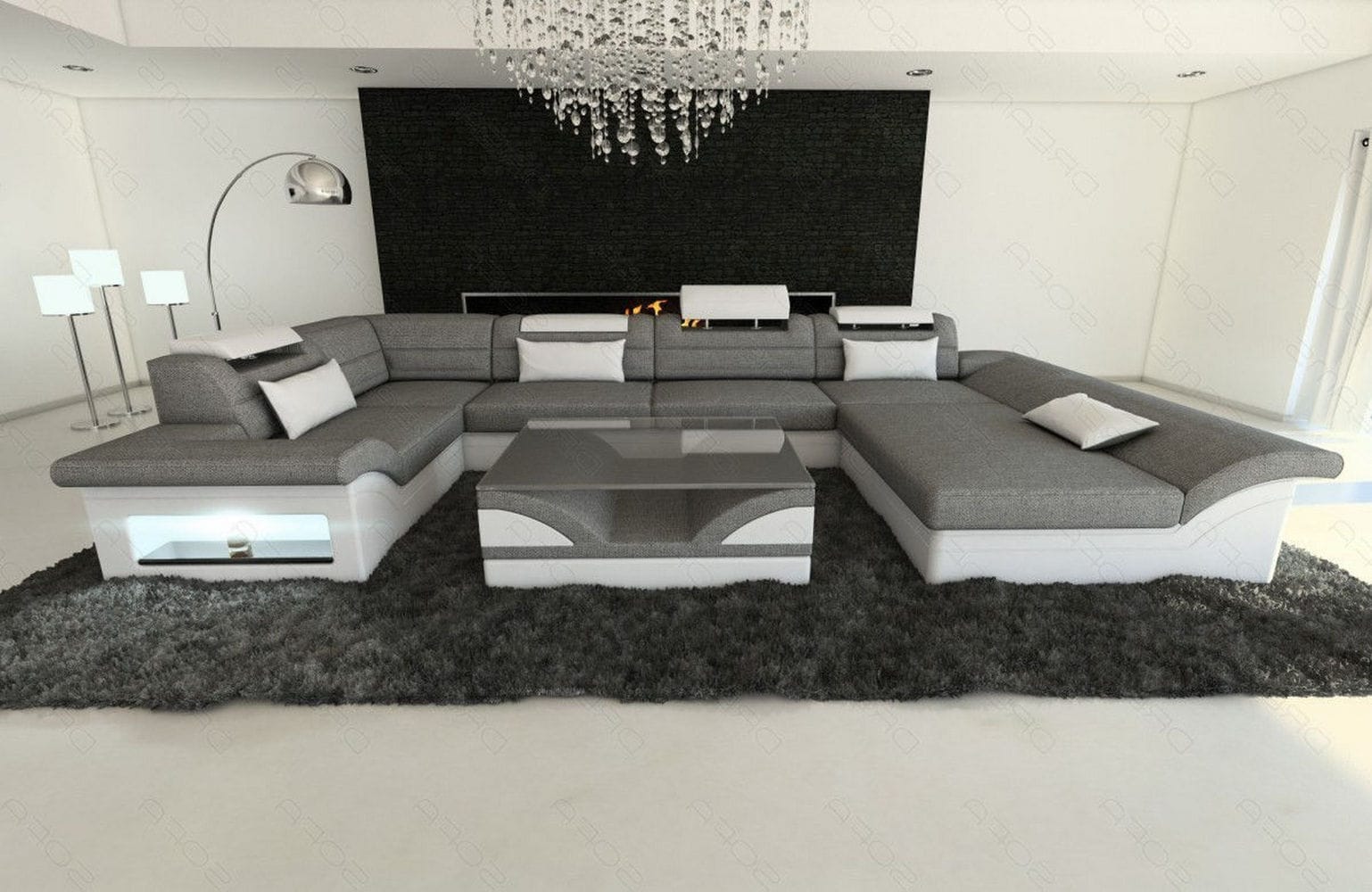 Wohnlandschaft Enzo U-Form in Stoff Grau-Weiß
