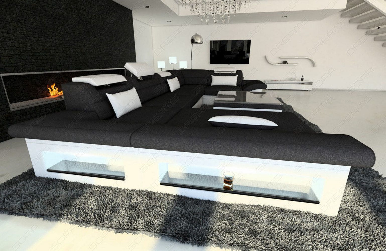 Wohnlandschaft Enzo U-Form in Stoff Schwarz-Weiß