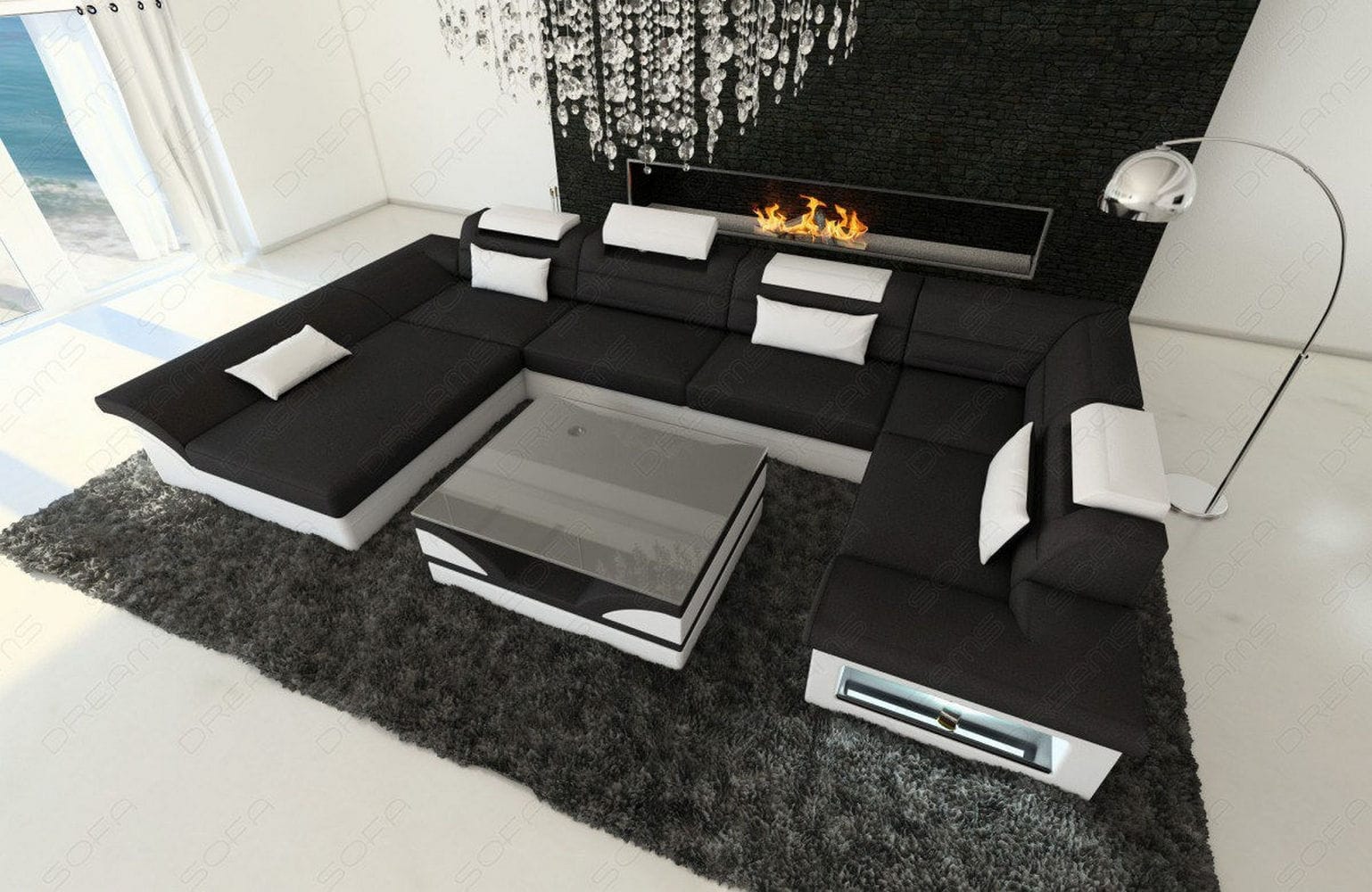 Wohnlandschaft Enzo U-Form in Stoff Schwarz-Weiß