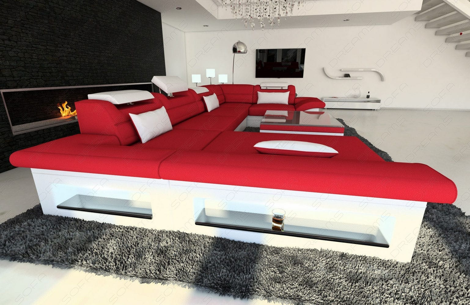 Wohnlandschaft Enzo U Form Stoff rot-weiß