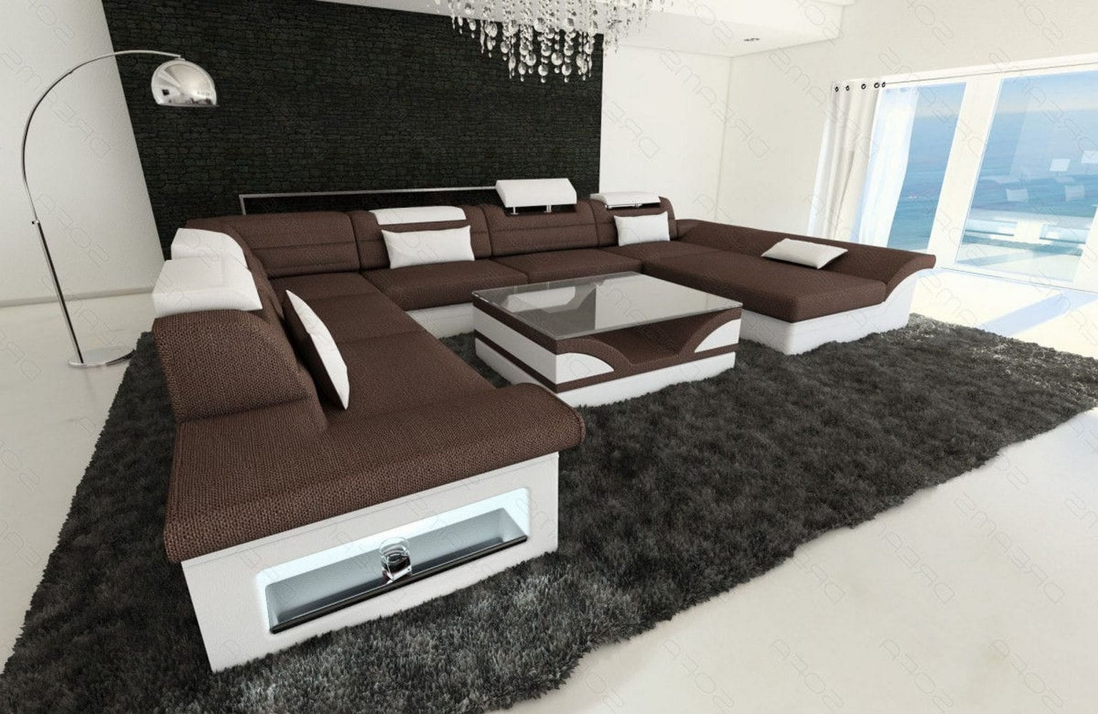 XXL Wohnlandschaft Enzo U-Form Stoff graubraun-weiß