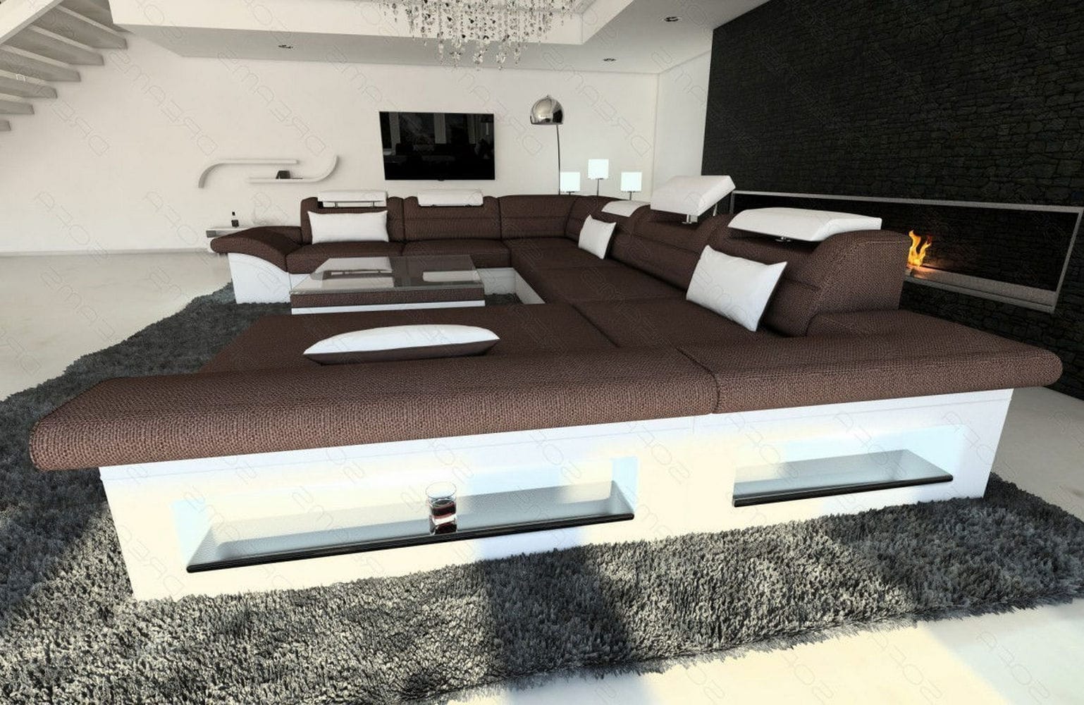 XXL Wohnlandschaft Enzo U-Form Stoff graubraun-weiß