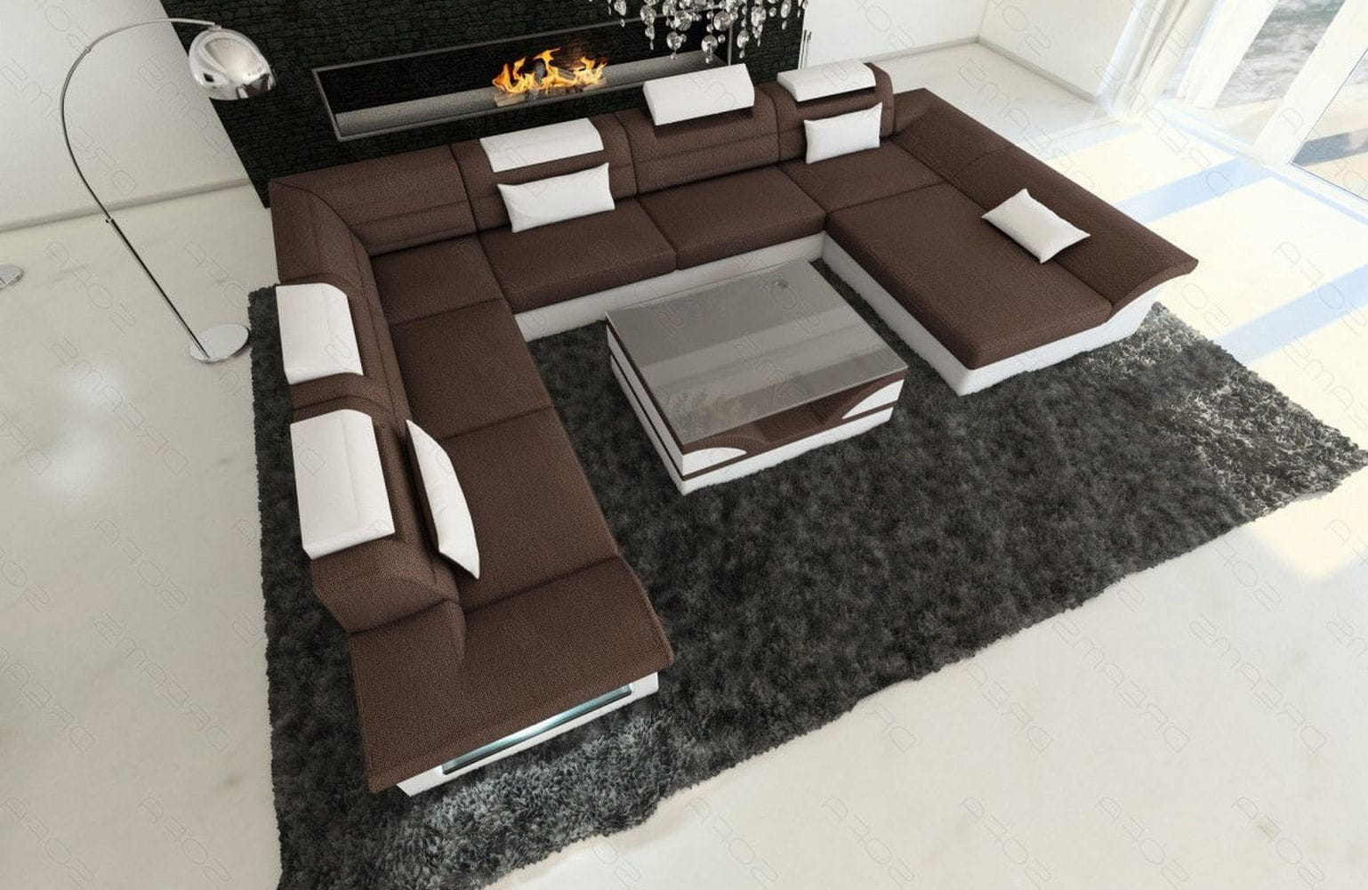 XXL Wohnlandschaft Enzo U-Form Stoff graubraun-weiß