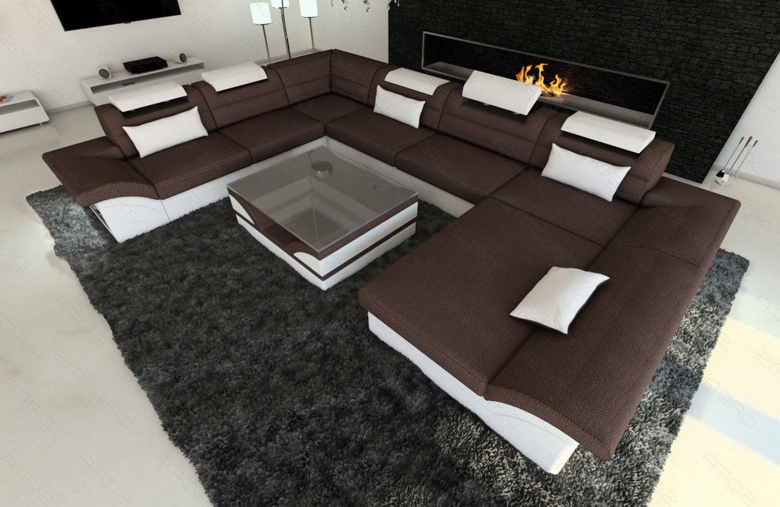 XXL Wohnlandschaft Enzo U-Form Stoff graubraun-weiß