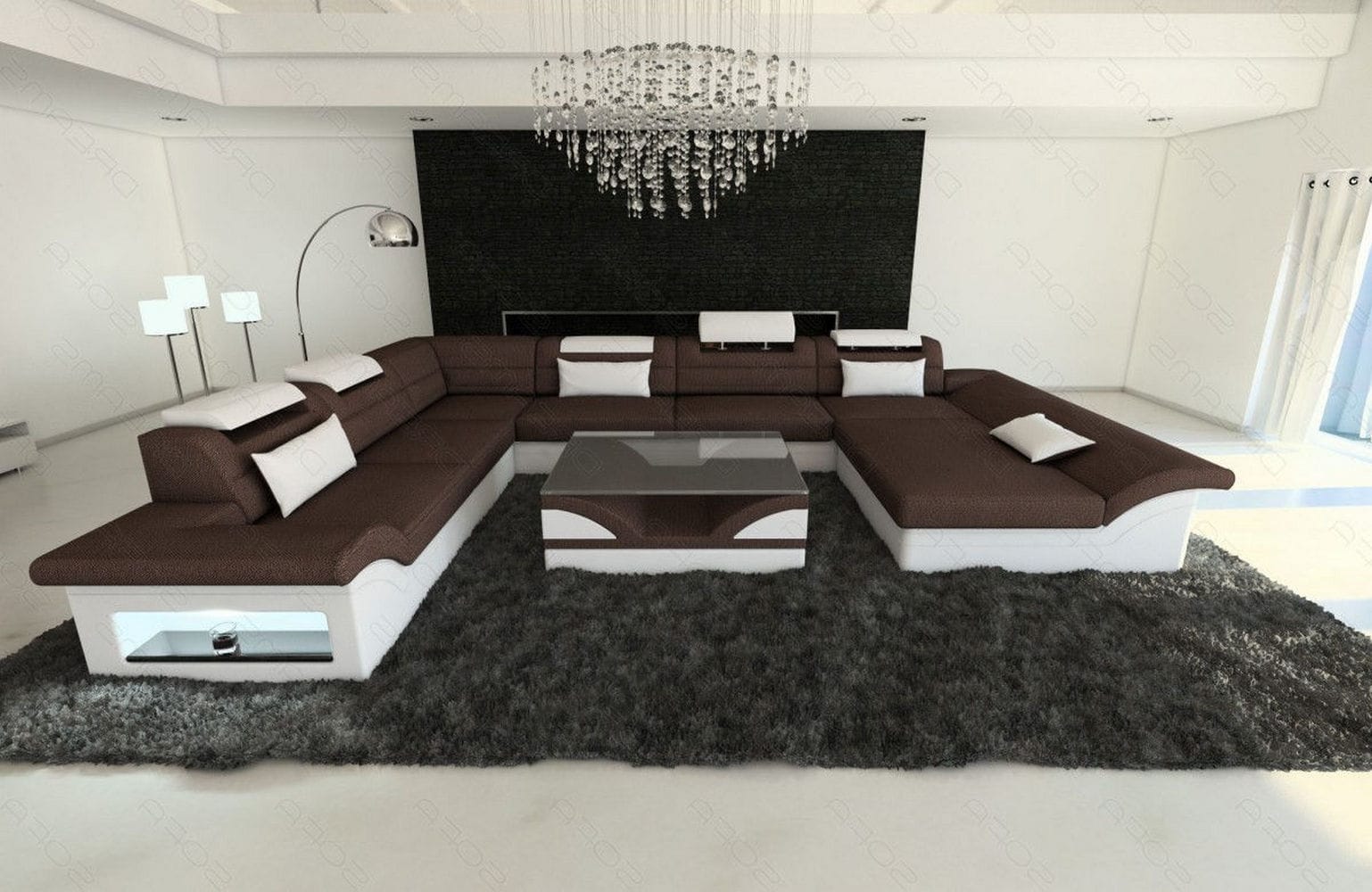 XXL Wohnlandschaft Enzo U-Form Stoff graubraun-weiß