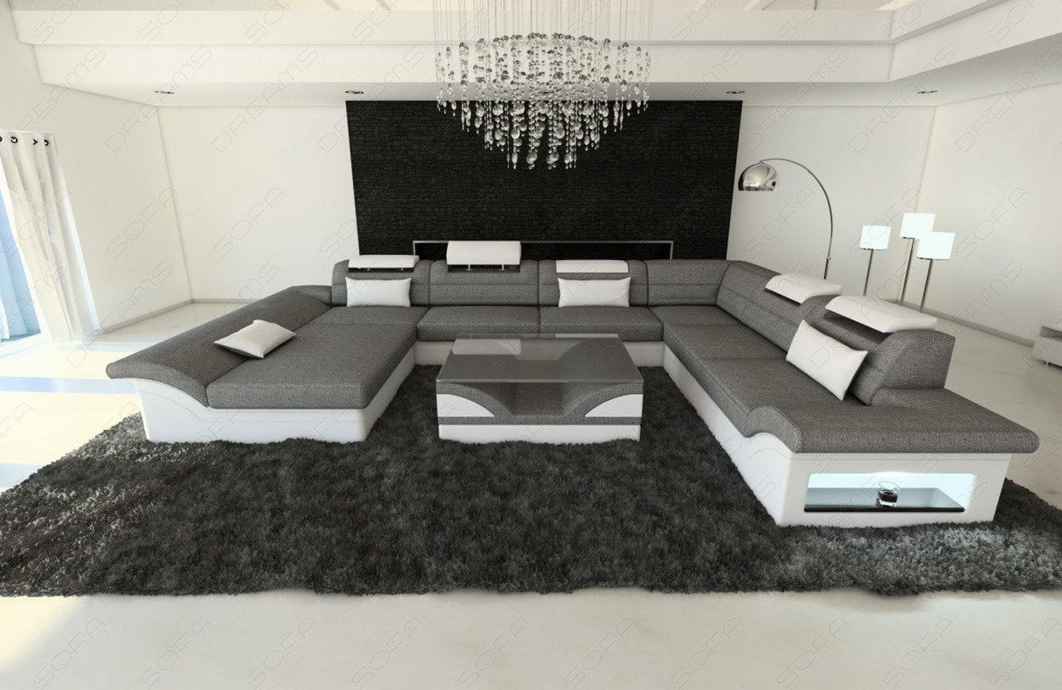 XXL Wohnlandschaft Enzo U-Form in Stoff Grau-Weiß