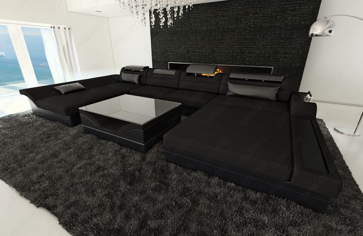Stoff-Wohnlandschaft Monza LED U-Form Schwarz-Schwarz