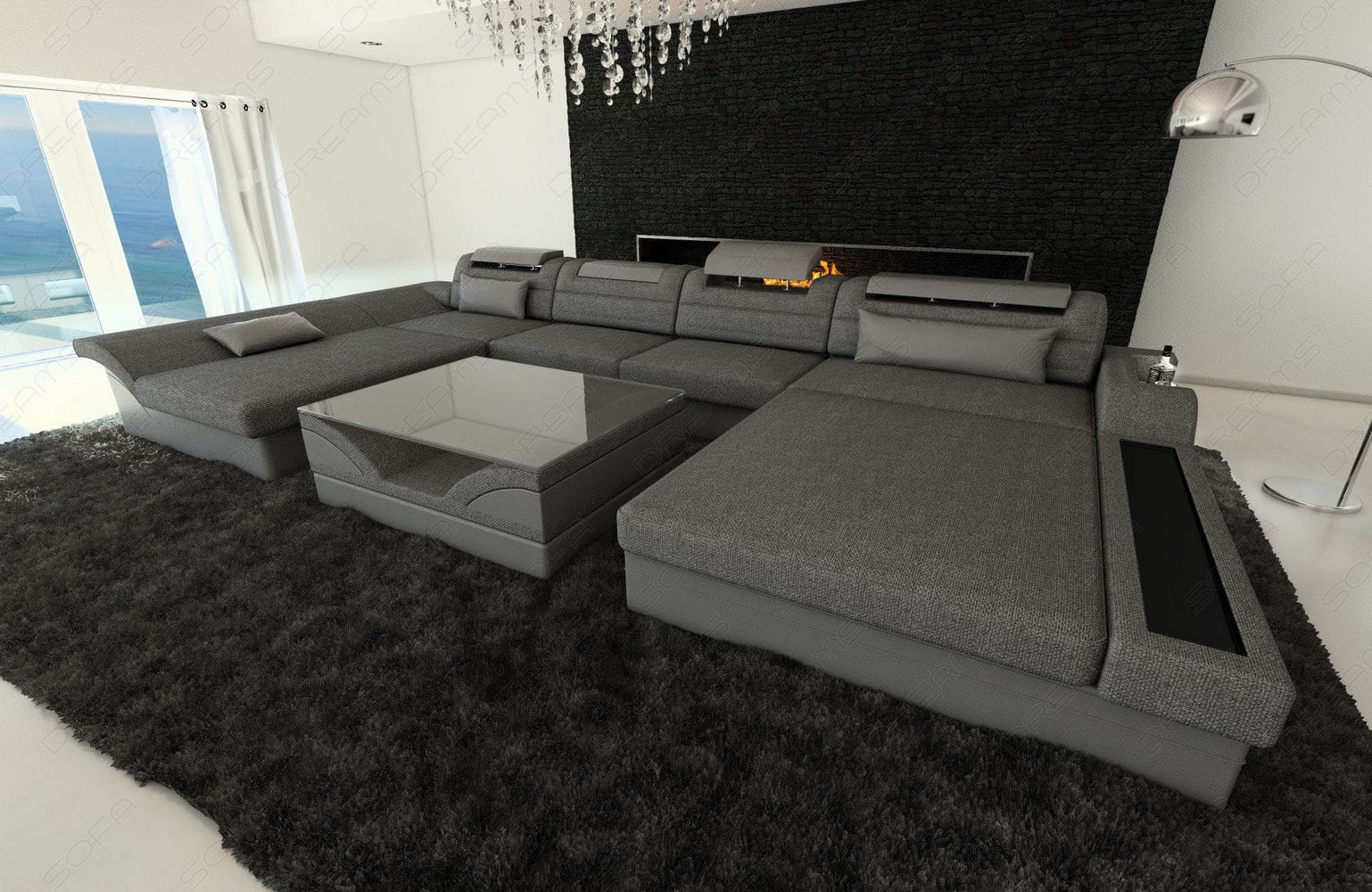 Couchlandschaft Monza U Form in Stoff grau-grau